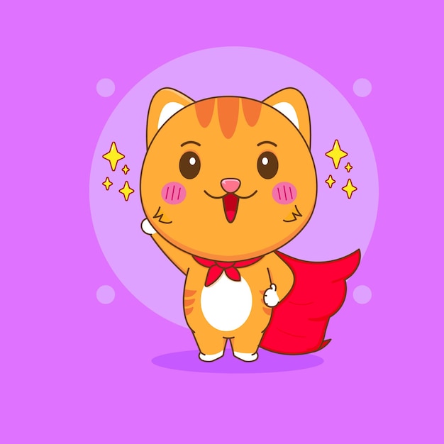 Ilustración de dibujos animados de superhéroe lindo gato con personaje de capa roja