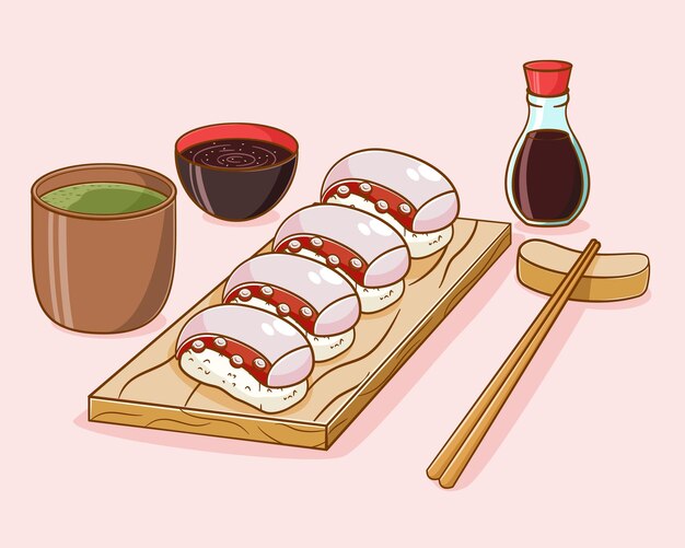 Ilustración de dibujos animados de sushi dibujado a mano