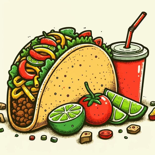 Ilustración de dibujos animados de tacos dibujados a mano de fondo amarillo