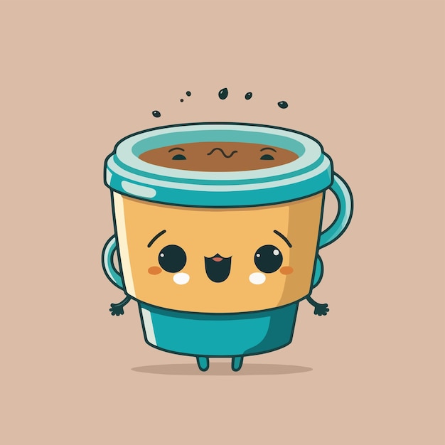 Ilustración de dibujos animados de una taza de café con ojos y una sonrisa.
