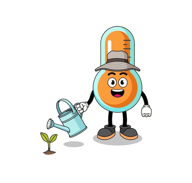 Ilustración de dibujos animados de termómetro regando la planta