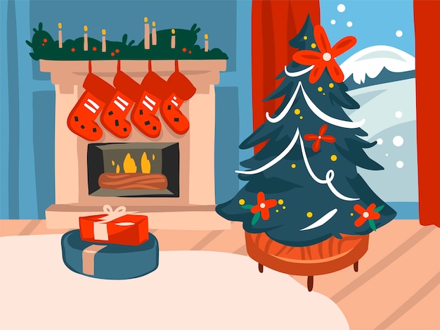 Ilustración de dibujos animados de tiempo de feliz navidad y próspero año nuevo