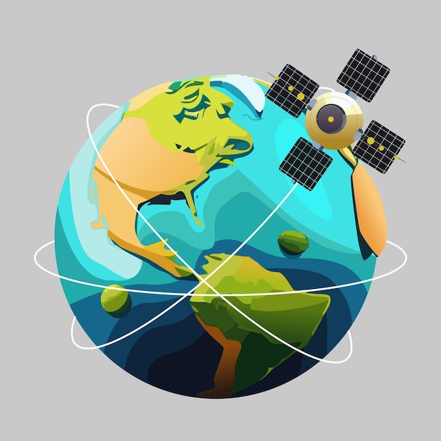 Ilustración de dibujos animados de la Tierra desde el espacio con satélites y órbitas