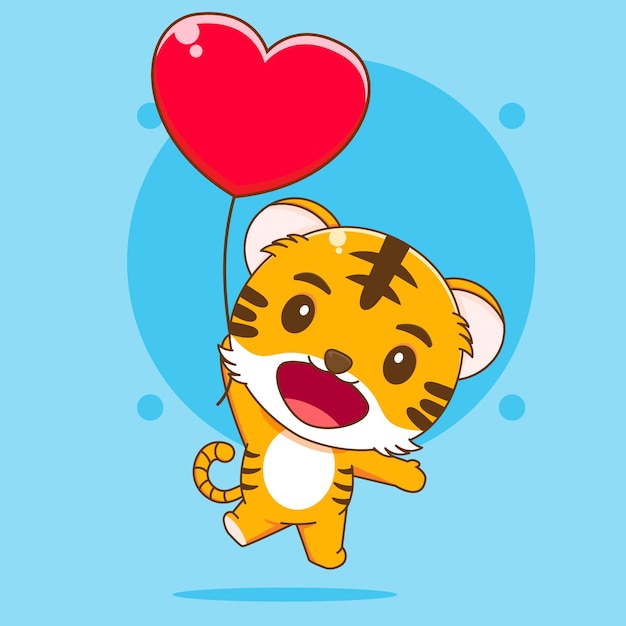 Ilustración de dibujos animados de tigre lindo flotando con corazón de amor