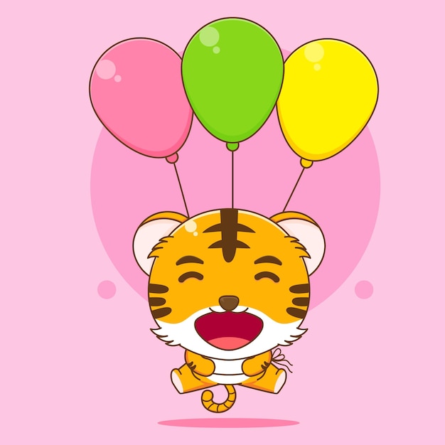 Ilustración de dibujos animados de tigre lindo volando con globos