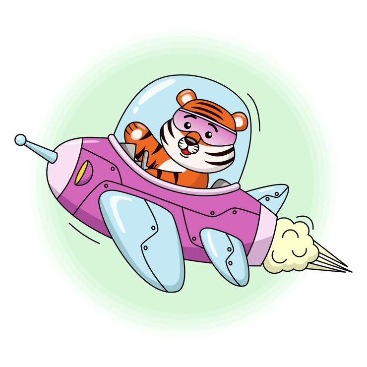 Ilustración de dibujos animados de un tigre volando en un cohete