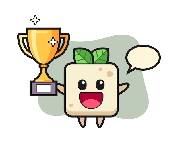 Ilustración de dibujos animados de tofu es feliz sosteniendo el trofeo dorado, diseño lindo estilo para camiseta