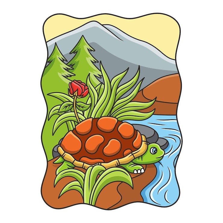 Vector ilustración de dibujos animados la tortuga está en la orilla del río y preparándose para nadar