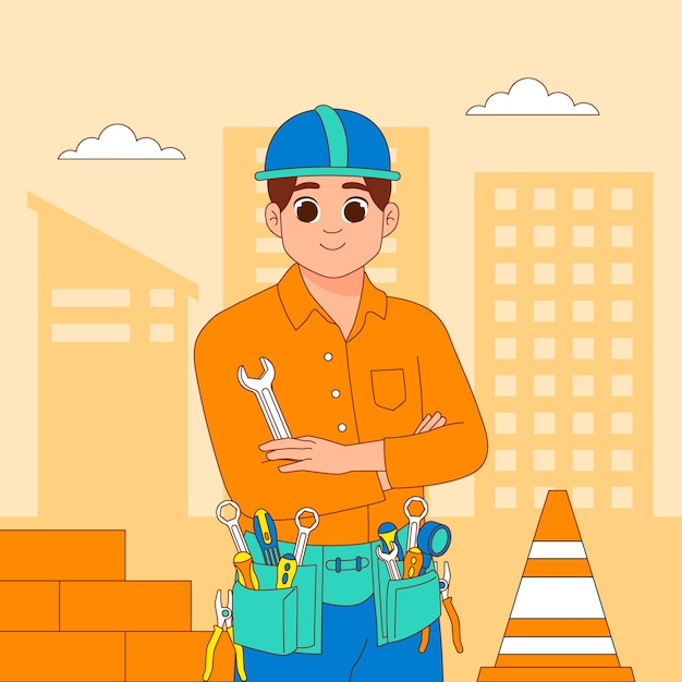 Vector ilustración de dibujos animados de trabajador de construcción dibujado a mano