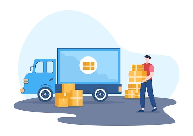 Ilustración de dibujos animados de transporte de camiones con servicios de entrega de carga o caja de cartón