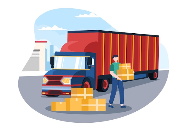 Ilustración de dibujos animados de transporte de camiones con servicios de entrega de carga o caja de cartón