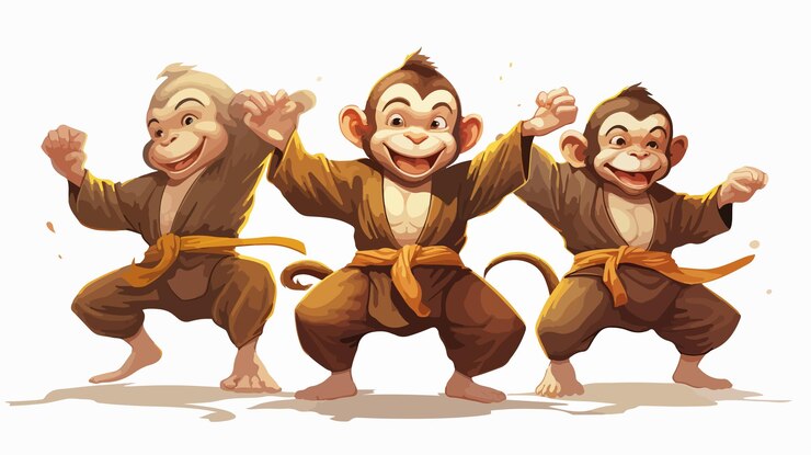 Vector ilustración de dibujos animados de tres monos bailando