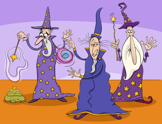 Ilustración de dibujos animados de tres personajes de fantasía de magos