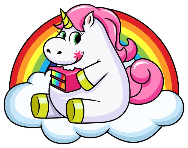 Ilustración de dibujos animados de unicornio comiendo pastel