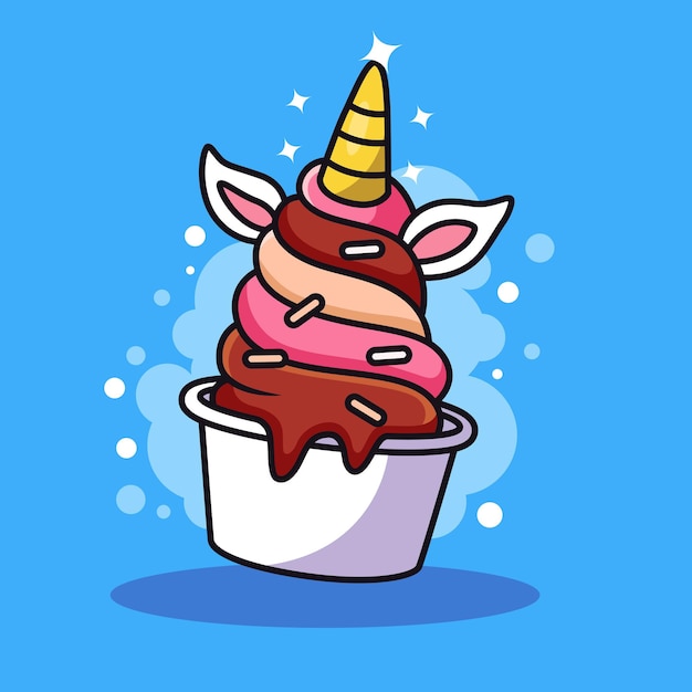 Ilustración de dibujos animados de unicornio helado. logotipo de icono de comida dulce. ilustración del icono de postre aislado sobre fondo azul