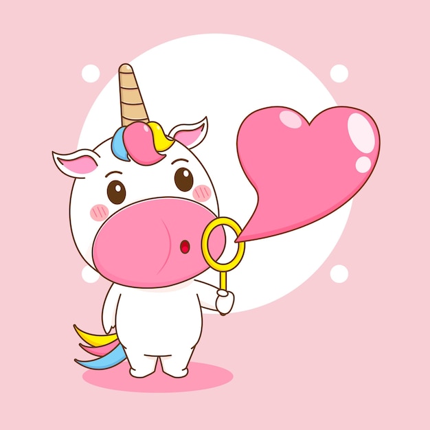 Ilustración de dibujos animados de unicornio lindo que sopla burbuja de amor