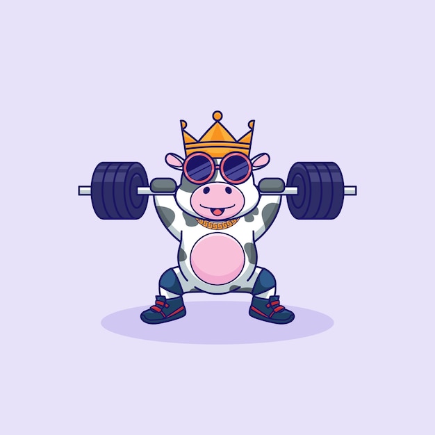 Vector ilustración de dibujos animados de vaca linda de fitness trabajando con una barra