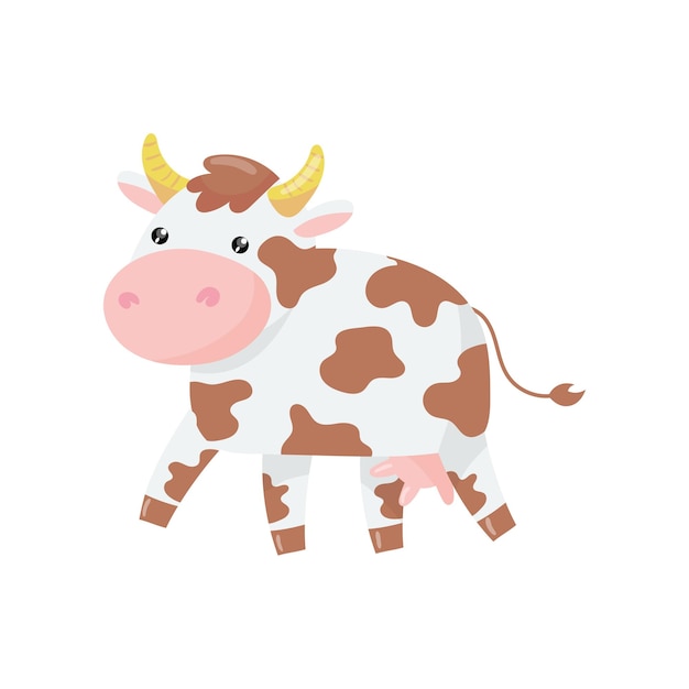 Ilustración de dibujos animados de vaca con nariz rosada y manchas marrones en el cuerpo Ganado lechero Adorable animal de granja con ojos brillantes Gran ganado con cuernos Colorido icono de vector plano