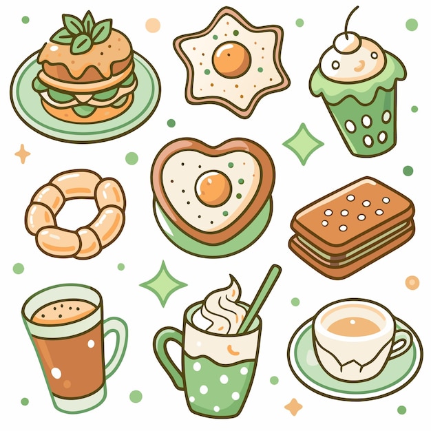 Ilustración de dibujos animados de varios alimentos y bebidas para el desayuno