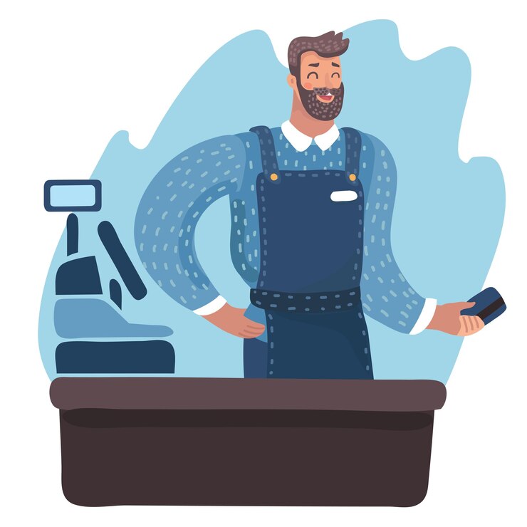 Vector ilustración de dibujos animados vector de cajero caucásico de pie en la caja en un supermercado, caja registradora. sostenga la tarjeta de crédito plástica en las manos.