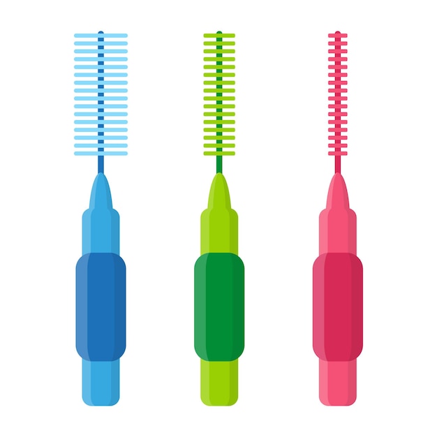 Ilustración de dibujos animados de vector de cepillos interdentales o hilo dental para limpiar aparatos aislados sobre fondo blanco.