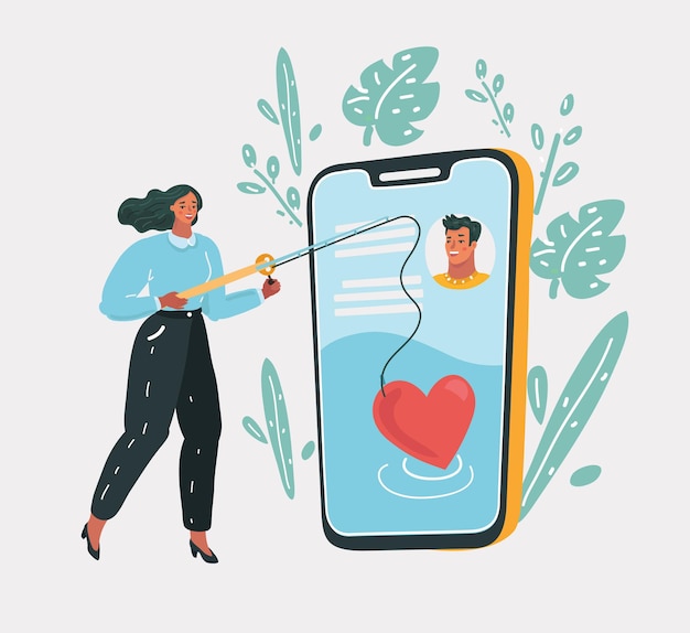Ilustración de dibujos animados de vector de citas en línea. Pareja, amor, aplicación de citas, amor virtual. Mujer con amor intenta encontrar el amor con el camino del corazón.