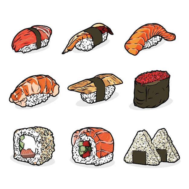 Ilustración de dibujos animados de vector de conjunto de sushi de color