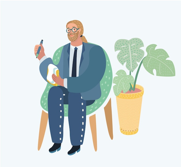 Ilustración de dibujos animados de vector de ilustración de estilo de un hombre sentado en una silla en la oficina. profesión: periodista, consultor, psicólogo, psiquiatra, psicoterapeuta, analista, etc. +