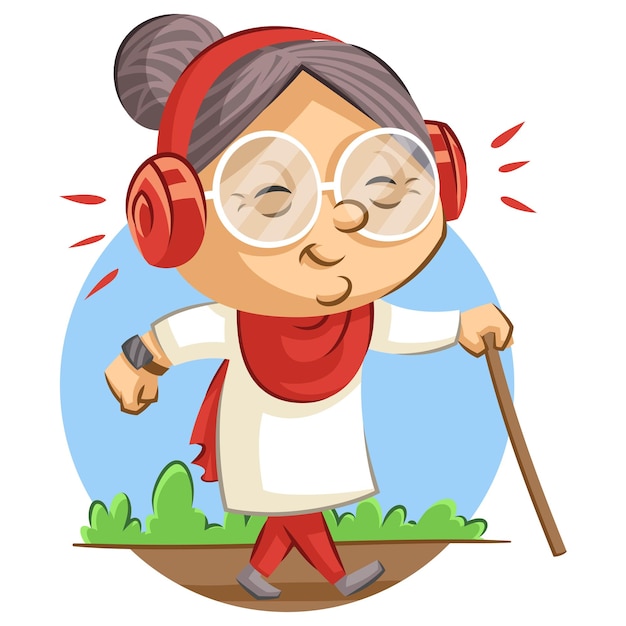 Vector ilustración de dibujos animados de vector de linda abuela está escuchando canciones con auriculares