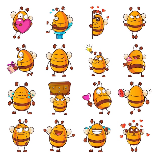 Ilustración de dibujos animados de vector de lindo conjunto de pegatinas de abeja de miel