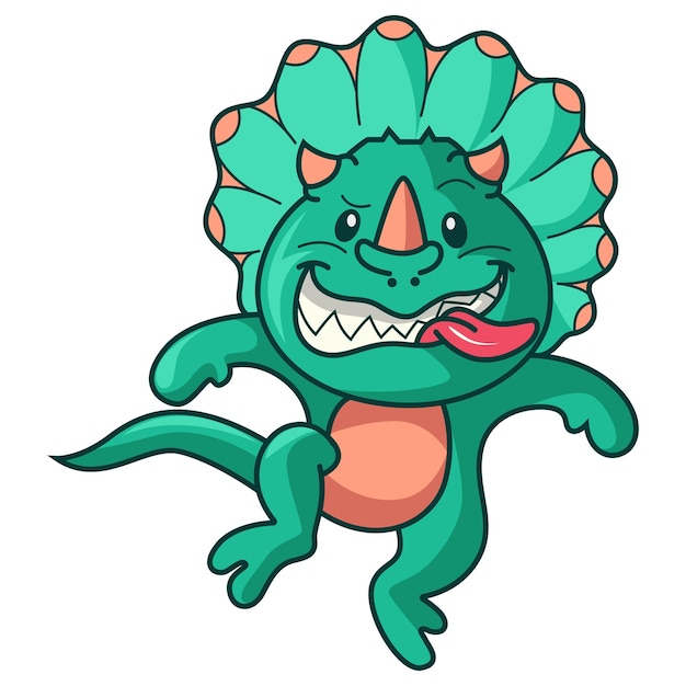 Ilustración de dibujos animados de vector de lindo dinosaurio saltando y mostrando la lengua