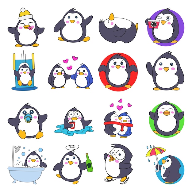 Ilustración de dibujos animados de vector de lindo juego de pegatinas de pingüinos