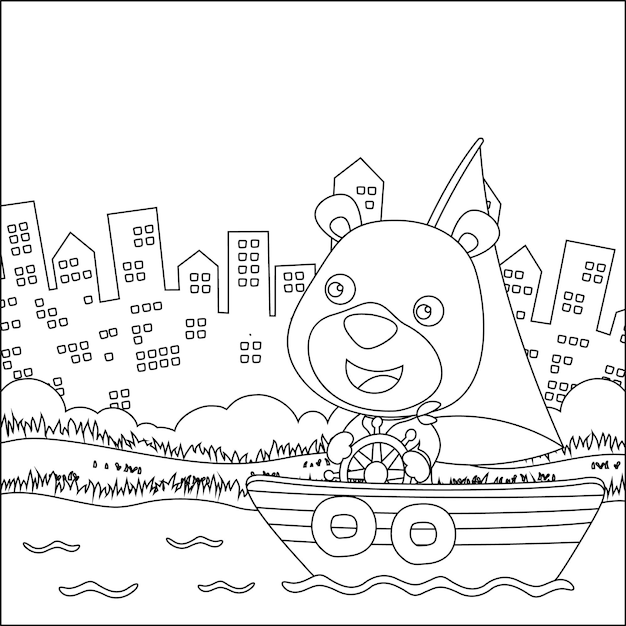 Ilustración de dibujos animados de vector de lindo oso en velero con libro o página para colorear estilo de dibujos animados