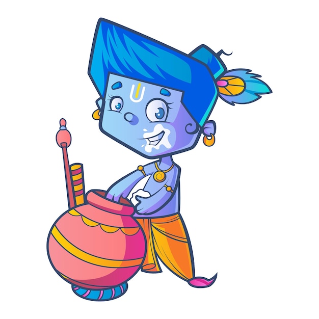 Ilustración de dibujos animados de vector de lord krishna con olla de mantequilla