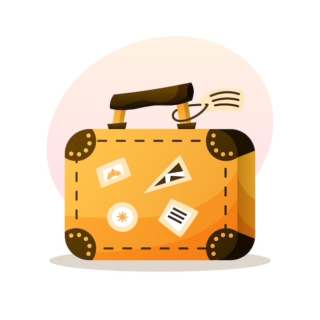 Ilustración de dibujos animados de vector de maleta de viaje Bolsa de equipaje amarilla con pegatinas para viaje de verano