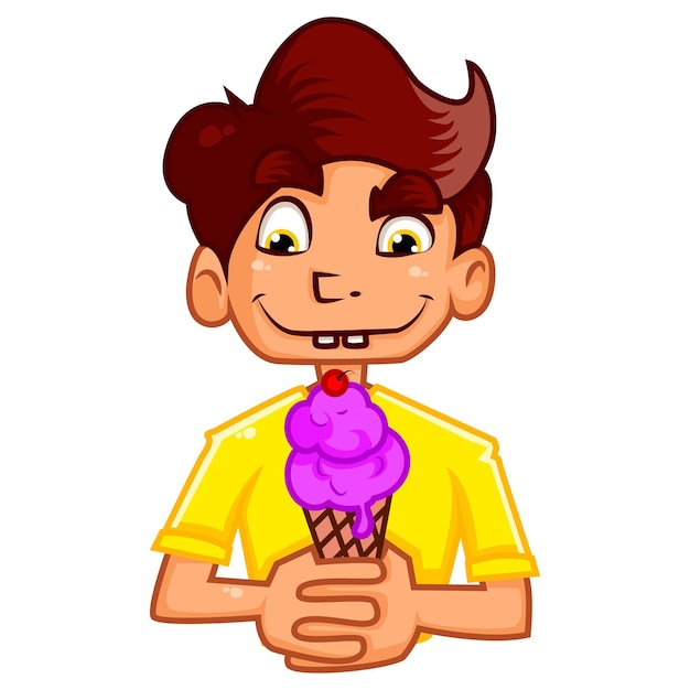 Vector ilustración de dibujos animados de vector de niño con cono de helado en la mano