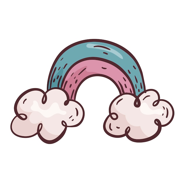 Ilustración de dibujos animados de vector. los niños arco iris con nubes en estilo doodle aislado sobre fondo blanco. elemento de diseño.