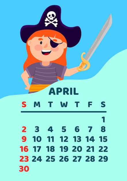 Ilustración de dibujos animados de vector de página de calendario de abril con plantilla de pirata lindo para diseño vertical de impresión