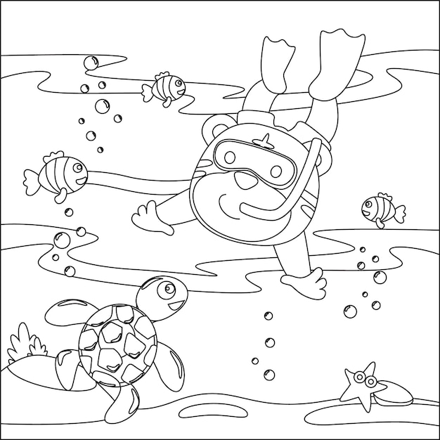Ilustración de dibujos animados de vector de pequeño tigre y tortuga con libro o página para colorear estilo de dibujos animados