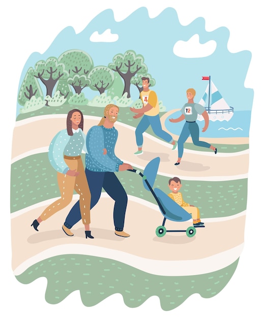 Ilustración de dibujos animados de vector de personas que se relajan en la naturaleza en un hermoso parque urbano. familia caminando con niños, pareja corriendo y trotando. +