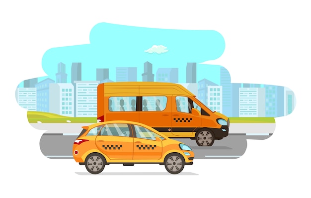 Ilustración de dibujos animados de vector plano de vehículos de taxi