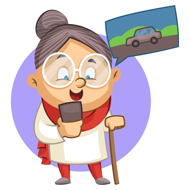 Vector ilustración de dibujos animados vectoriales la abuela linda está reservando un taxi y esperando un taxi