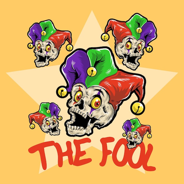 Ilustración de dibujos animados vectoriales de un divertido cráneo tonto con un colorido sombrero de payaso
