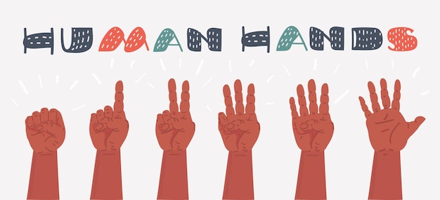Vector ilustración de dibujos animados vectoriales de gestos con las manos en diferentes posiciones manos mostrando y señalando el recuento de invitados con los dedos