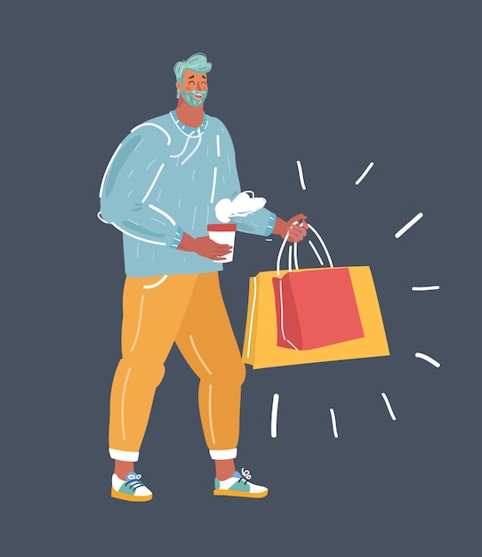 Ilustración de dibujos animados vectoriales del hombre con bolsa de compras Consumismo Concepto de ventas adicto a las compras