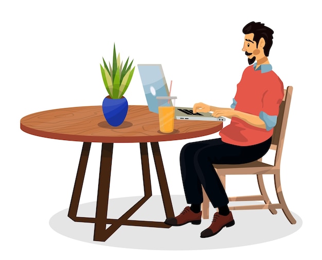 Ilustración de dibujos animados vectoriales de un hombre de carácter moderno con computadora portátil en una cafetería sobre un fondo blanco aislado Diseño de estilo de vida