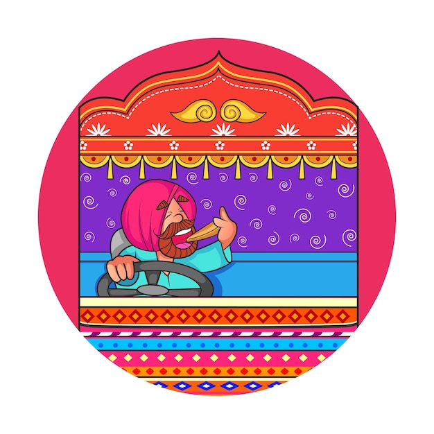 Ilustración de dibujos animados vectoriales del hombre punjabi comiendo y conduciendo el camión
