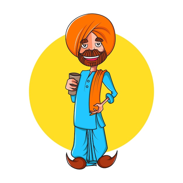 Ilustración de dibujos animados vectoriales del hombre punjabi sosteniendo un vaso en la mano