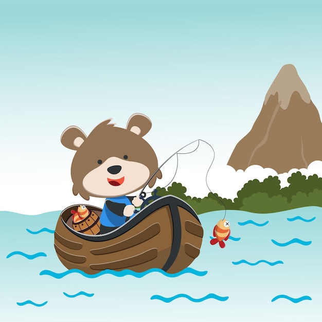 Ilustración de dibujos animados vectoriales de un lindo oso pescando en un velero con estilo de dibujos animados. Puede usarse para imprimir camisetas, los niños usan tela de diseño de moda, papel tapiz y afiche de guardería