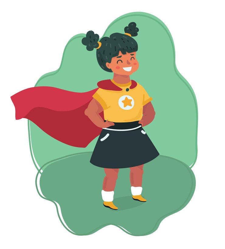 Vector ilustración de dibujos animados vectoriales de una niña en un disfraz de superhéroe de pie en una posición heroica héroe infantil